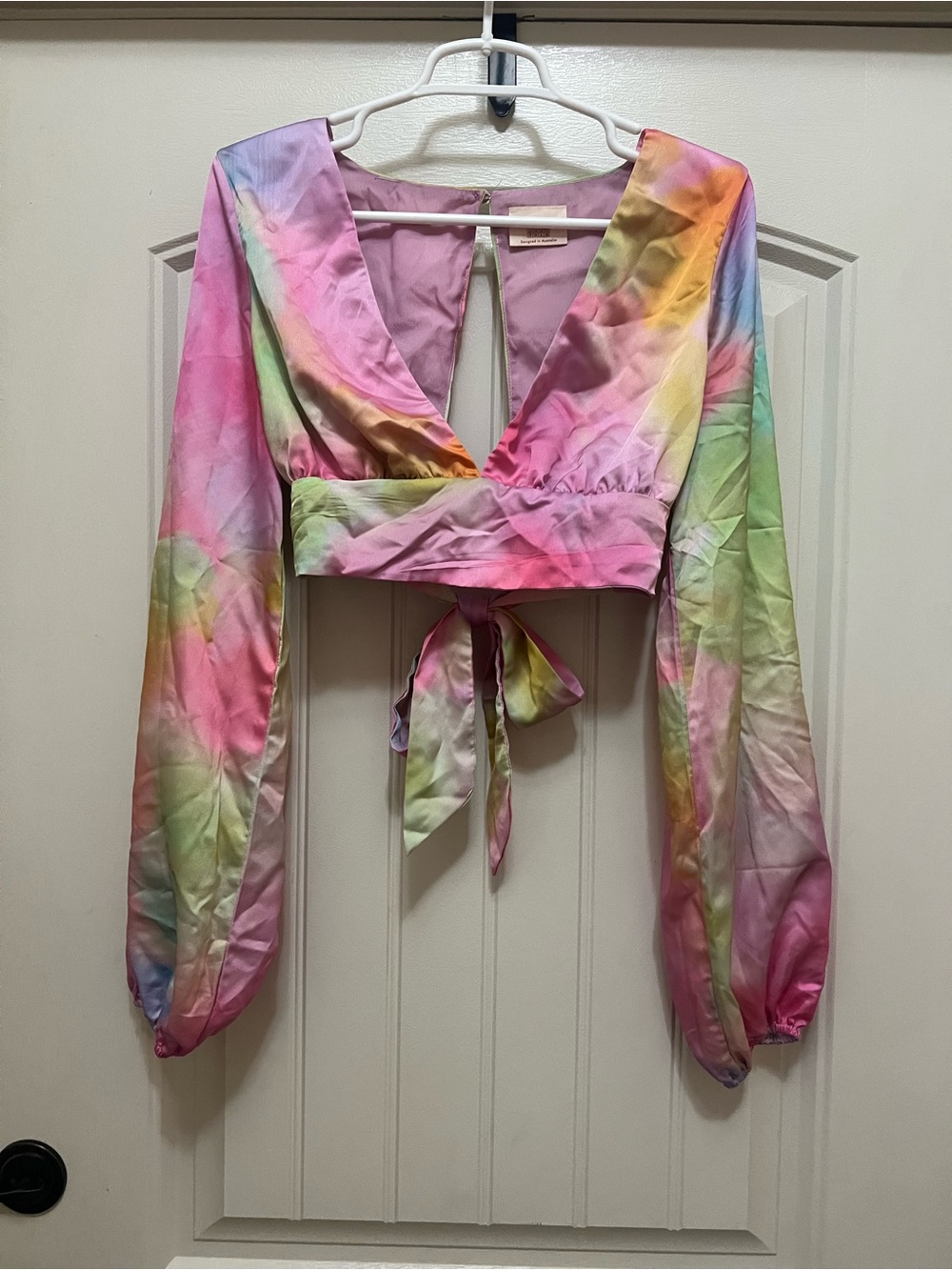 Showpo Pastel Rainbow Tie-Front Long Sleeve Crop Top